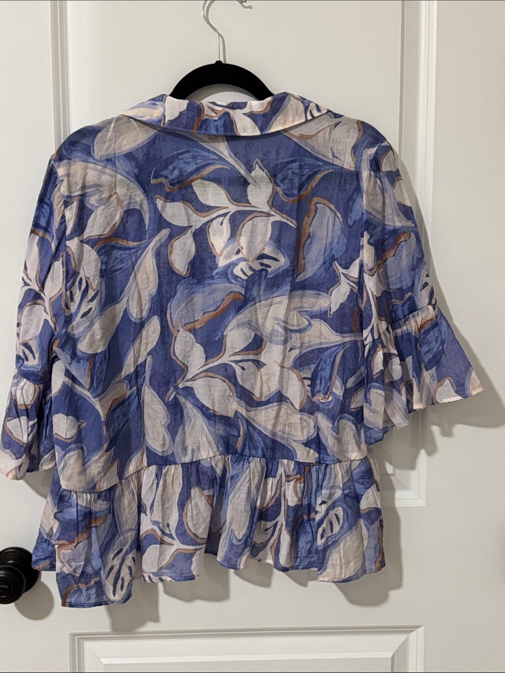 CeCe Blue and Cream Abstract Ruffle Button-Up Top - Picture 3 of 9